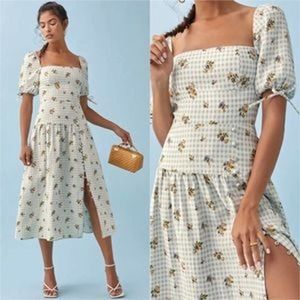 Reformation Melony Floral Print Midi Linen Al Fresco Blue Gingham Dress 10